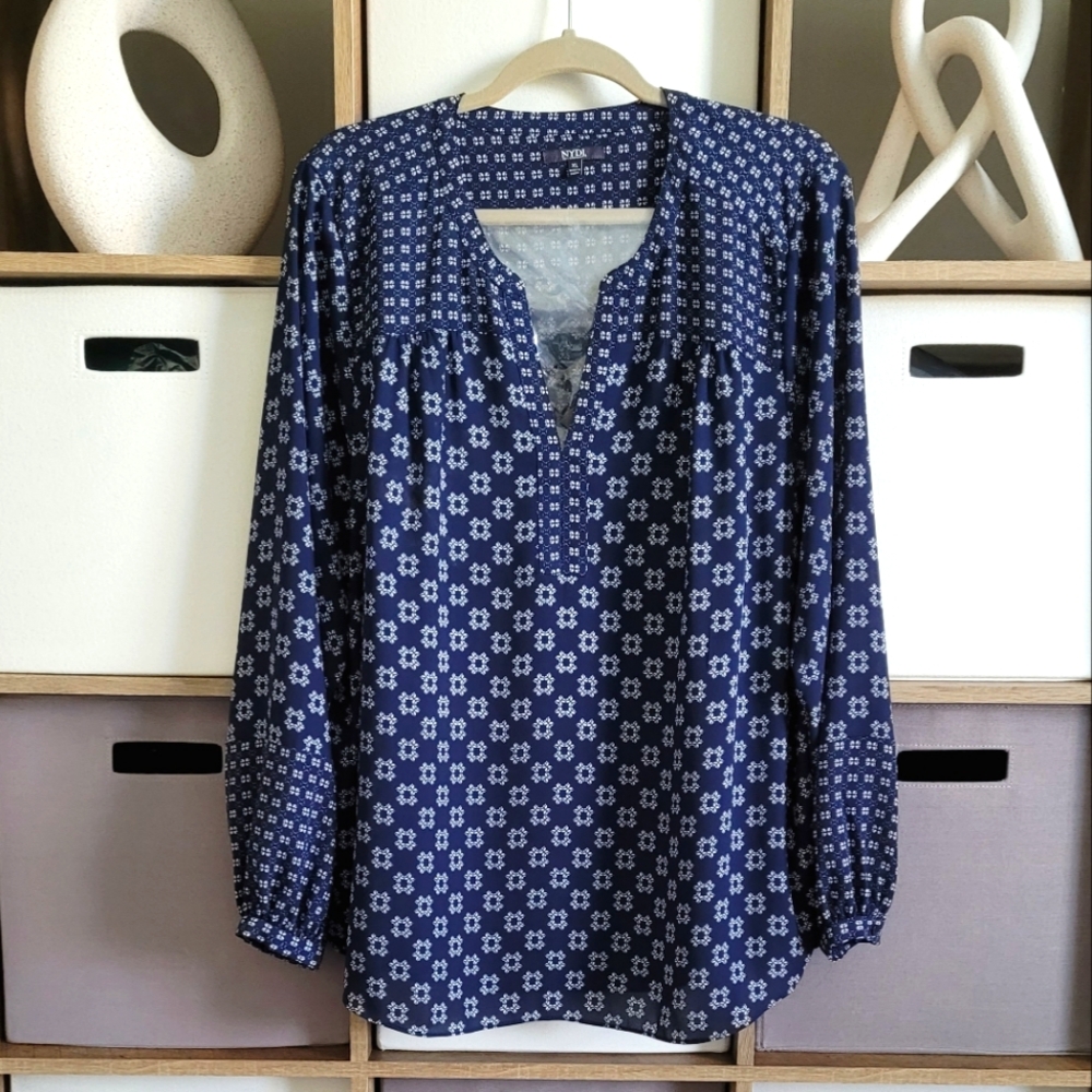 Navy Printed Long-Sleeve Peasant Blouse